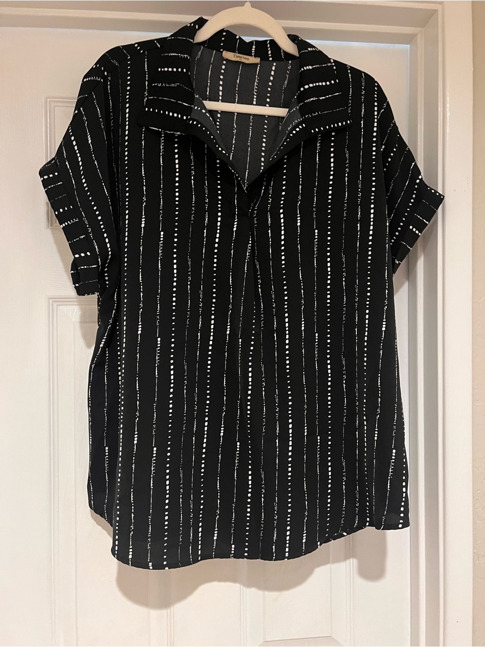 Women's Black Short-Sleeve Button Front Blouse with White Stripe